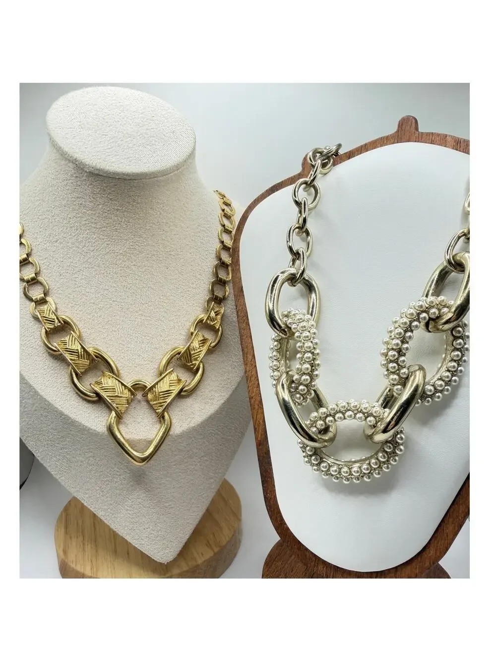 Gold & Faux Pearl Necklace Set – 2 Pc Statement Chains
